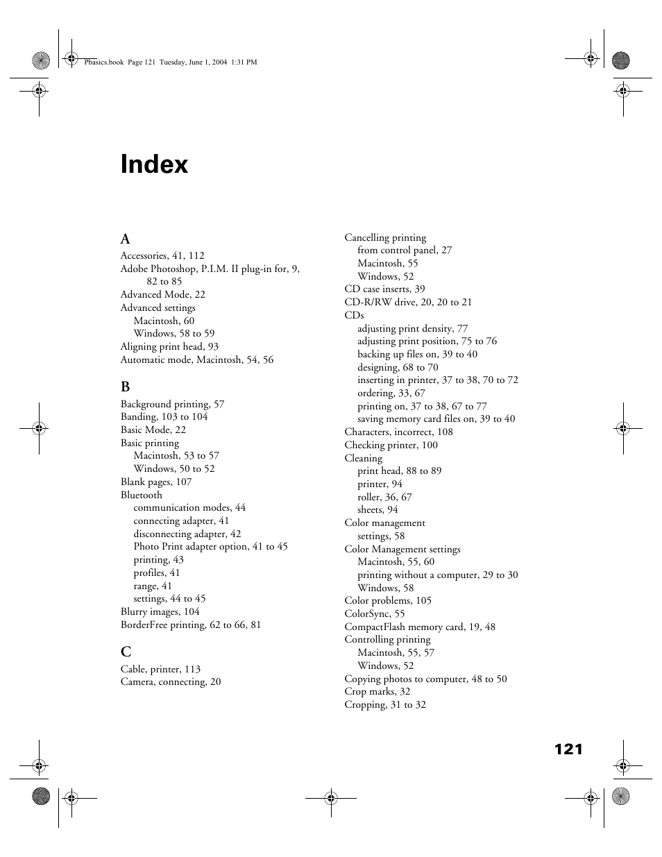 Index, Index 121 | Epson Stylus Photo R300 Series User Manual | Page 121 / 124