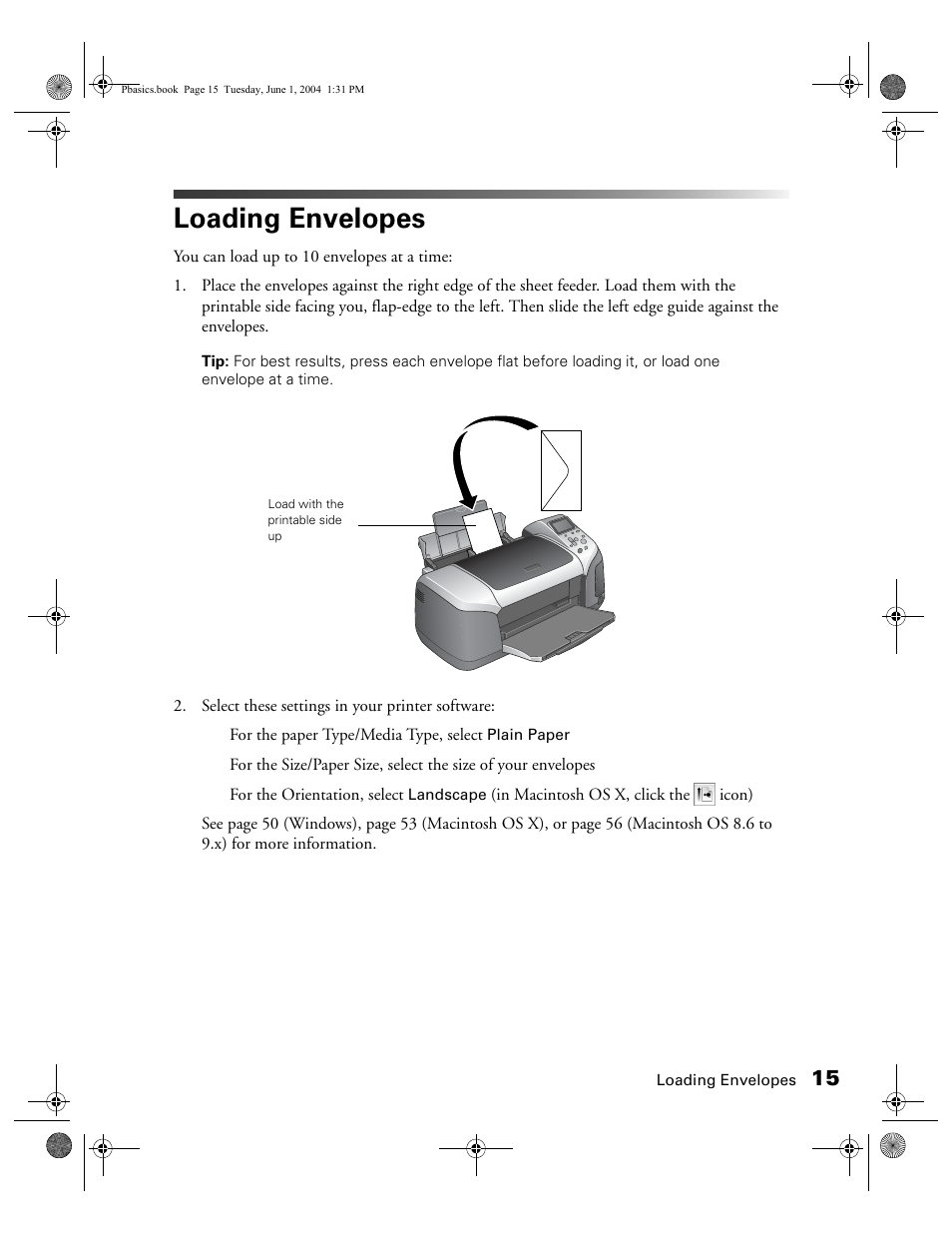 Loading envelopes | Epson Stylus Photo R300 Series User Manual | Page 15 / 124