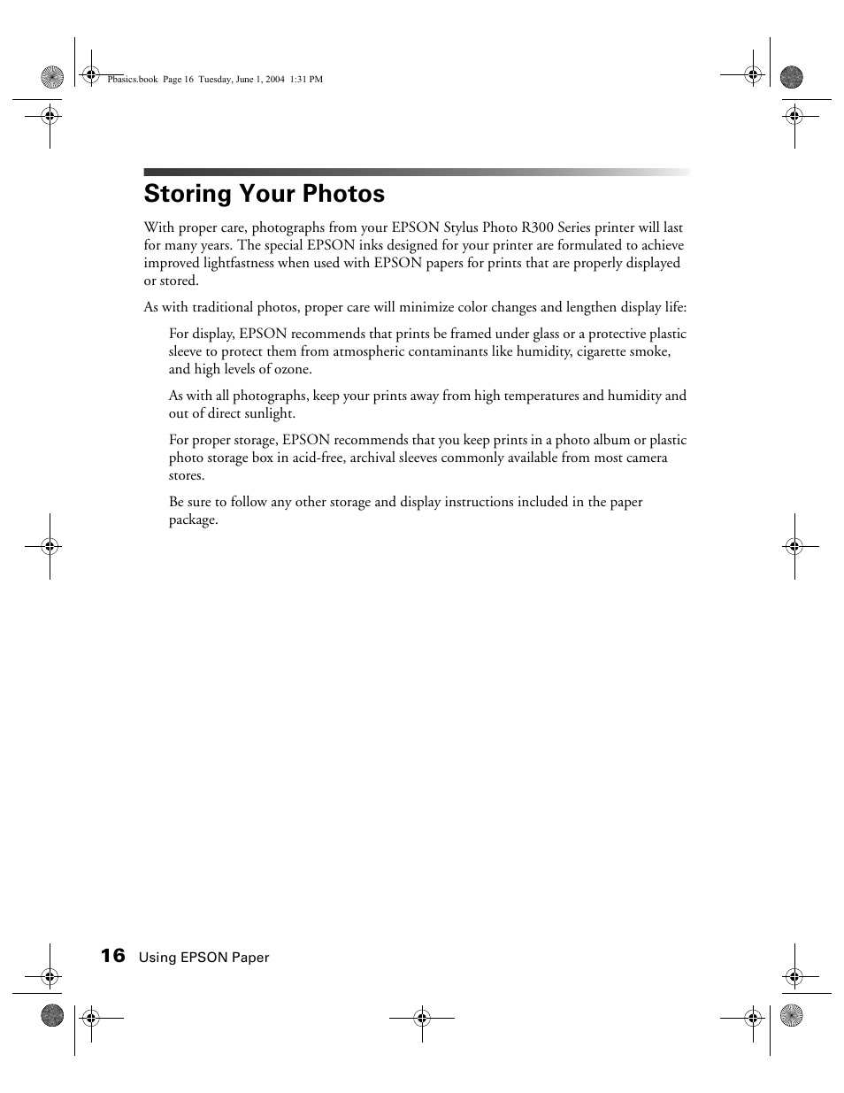 Storing your photos | Epson Stylus Photo R300 Series User Manual | Page 16 / 124