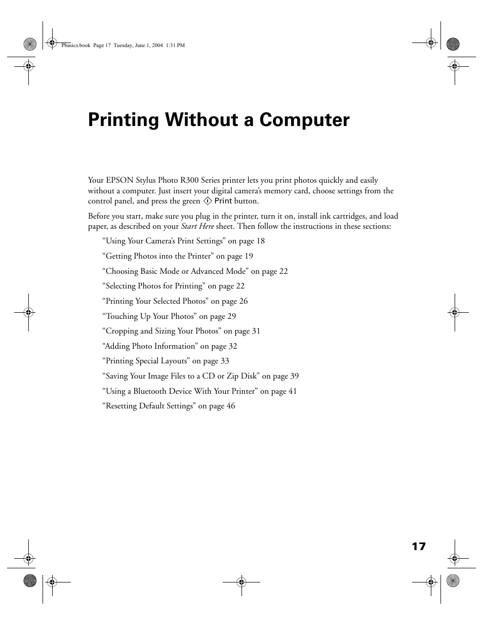 Printing without a computer | Epson Stylus Photo R300 Series User Manual | Page 17 / 124