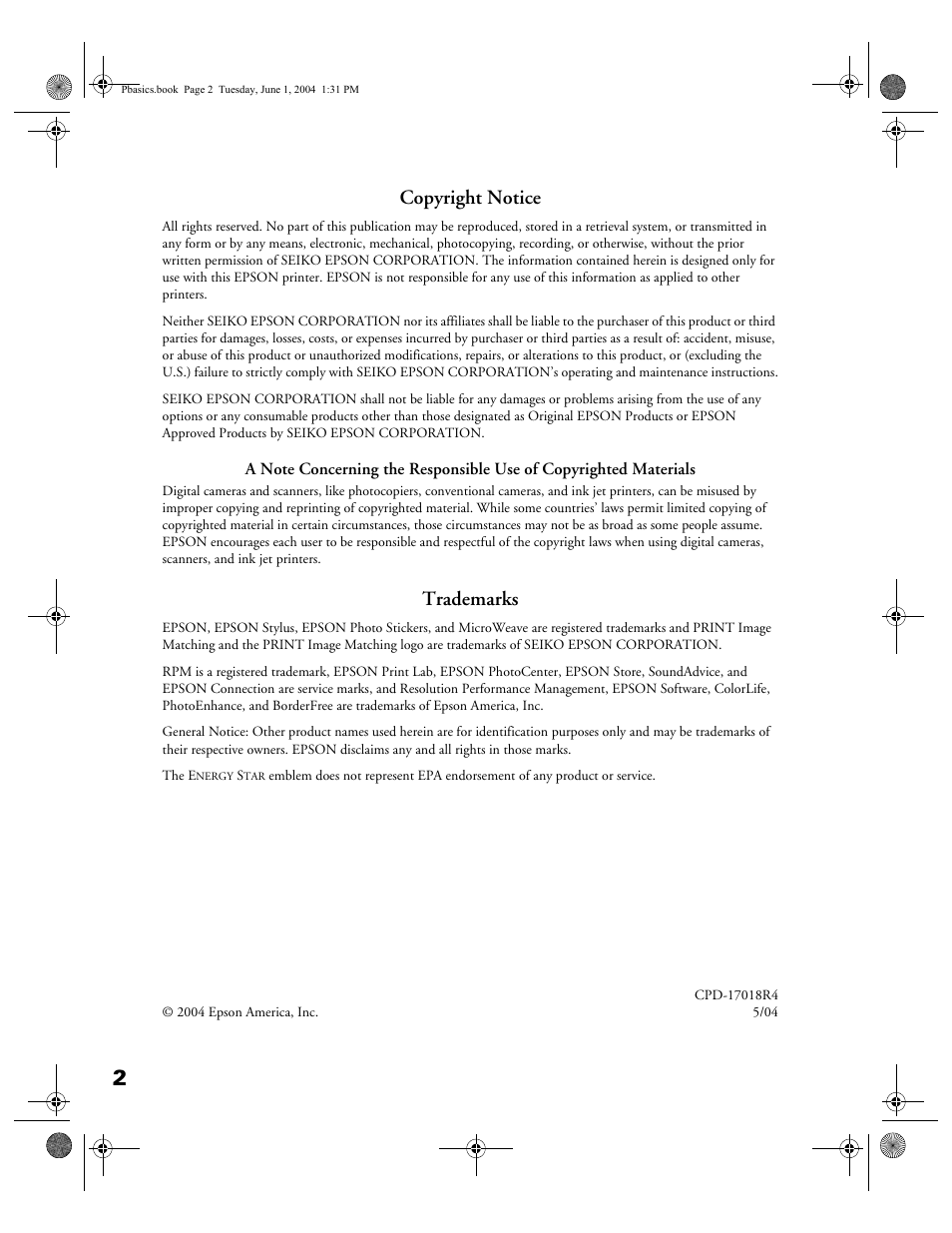 Copyright notice, Trademarks | Epson Stylus Photo R300 Series User Manual | Page 2 / 124