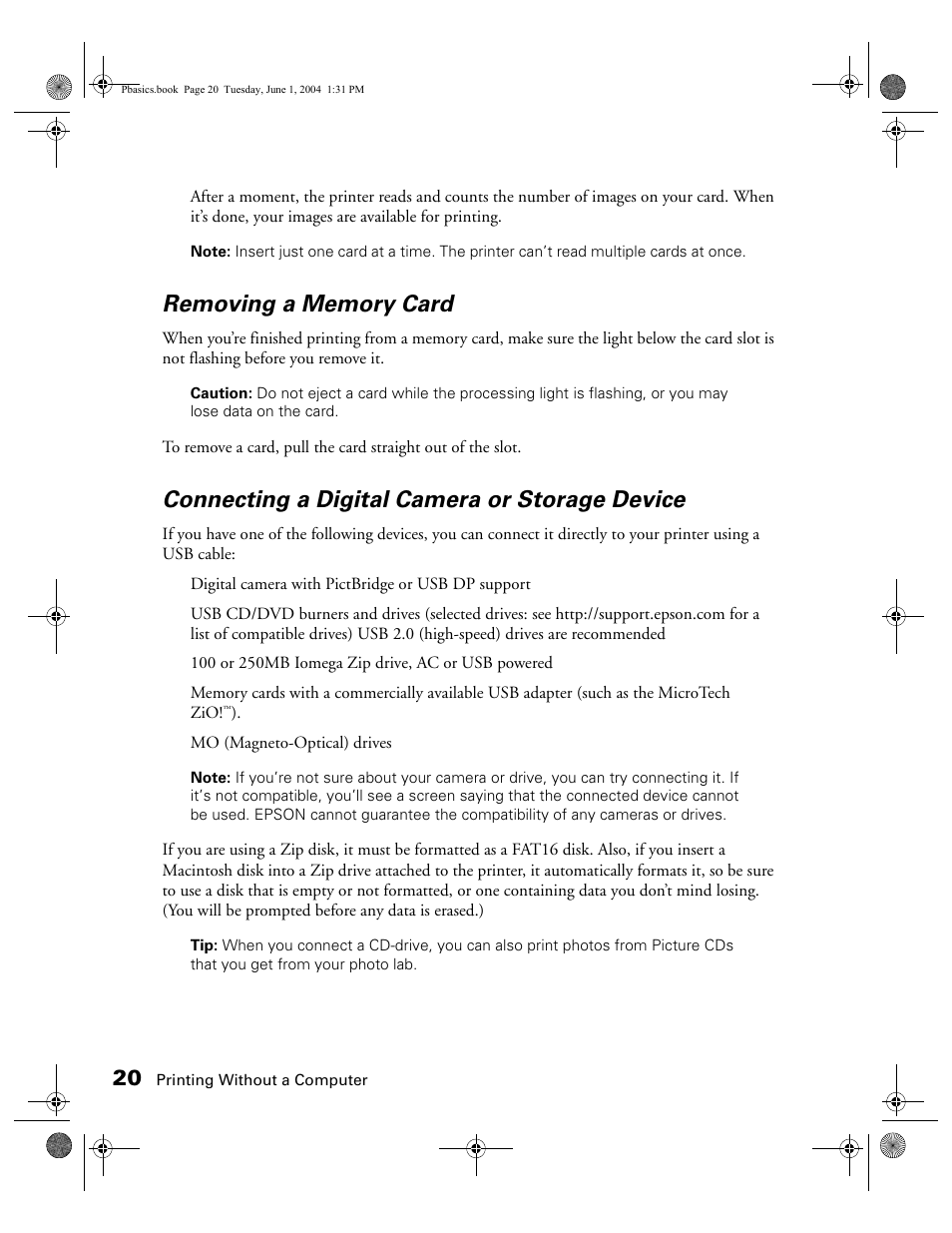 Removing a memory card, Connecting a digital camera or storage device | Epson Stylus Photo R300 Series User Manual | Page 20 / 124
