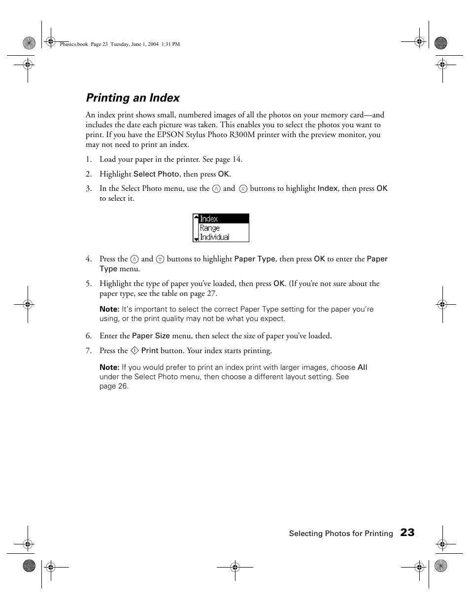 Printing an index | Epson Stylus Photo R300 Series User Manual | Page 23 / 124