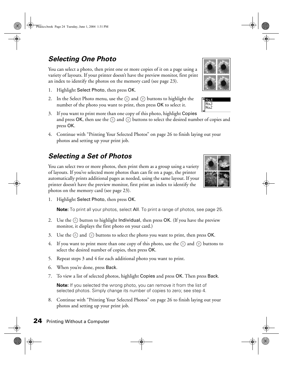 Selecting one photo, Selecting a set of photos | Epson Stylus Photo R300 Series User Manual | Page 24 / 124