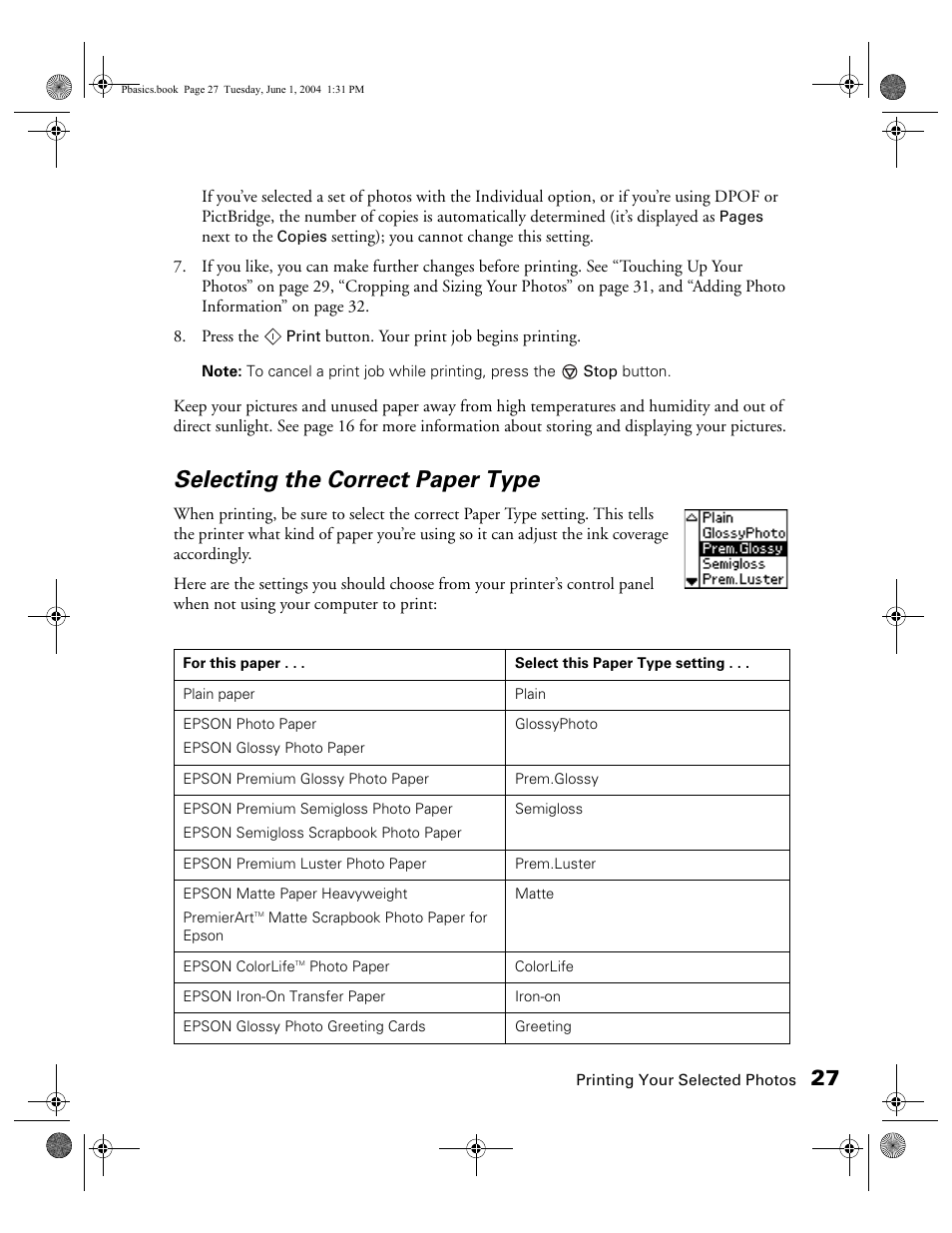 Selecting the correct paper type | Epson Stylus Photo R300 Series User Manual | Page 27 / 124