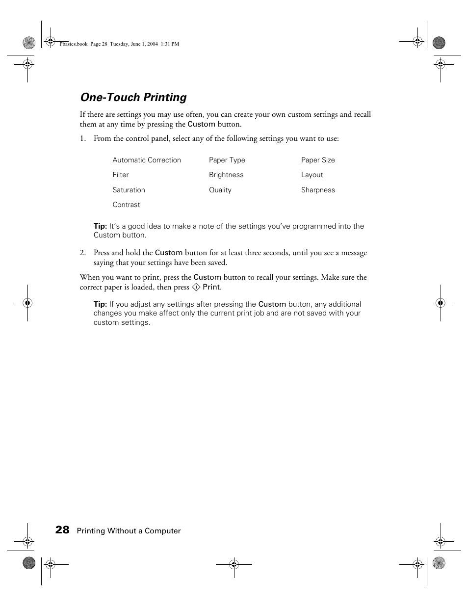 One-touch printing | Epson Stylus Photo R300 Series User Manual | Page 28 / 124