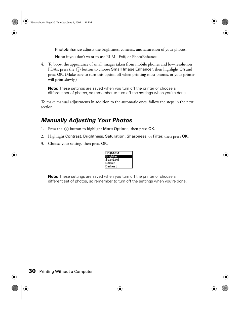 Manually adjusting your photos | Epson Stylus Photo R300 Series User Manual | Page 30 / 124