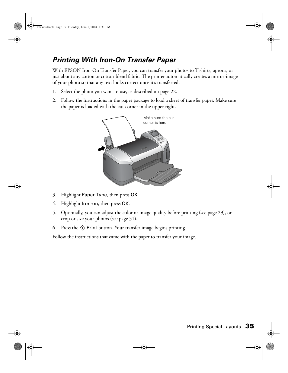 Printing with iron-on transfer paper | Epson Stylus Photo R300 Series User Manual | Page 35 / 124