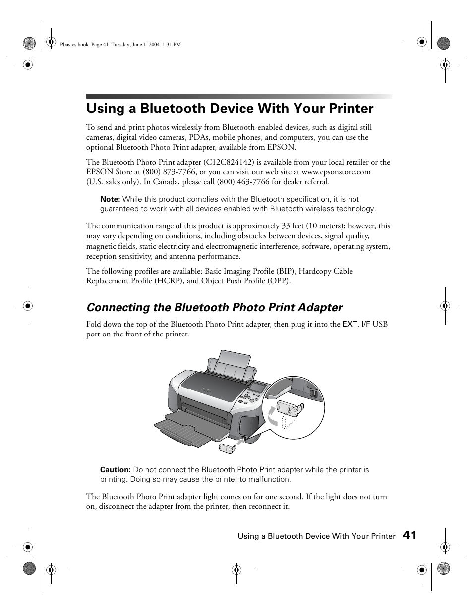 Using a bluetooth device with your printer, Connecting the bluetooth photo print adapter | Epson Stylus Photo R300 Series User Manual | Page 41 / 124