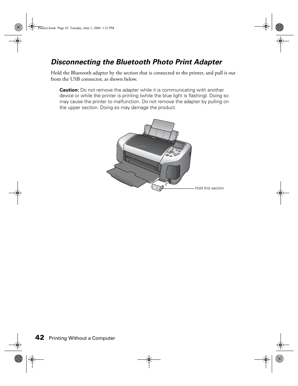 Disconnecting the bluetooth photo print adapter | Epson Stylus Photo R300 Series User Manual | Page 42 / 124