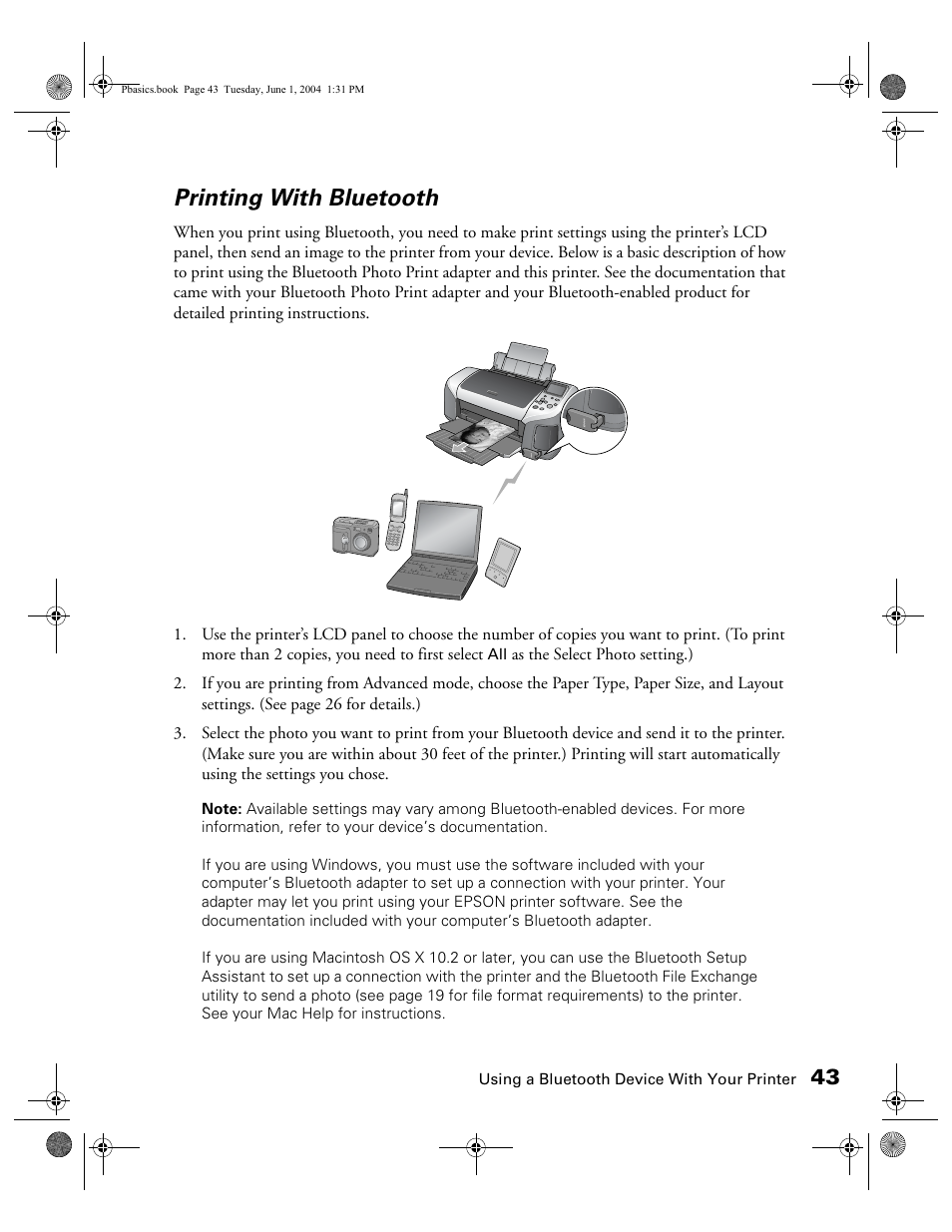 Printing with bluetooth | Epson Stylus Photo R300 Series User Manual | Page 43 / 124