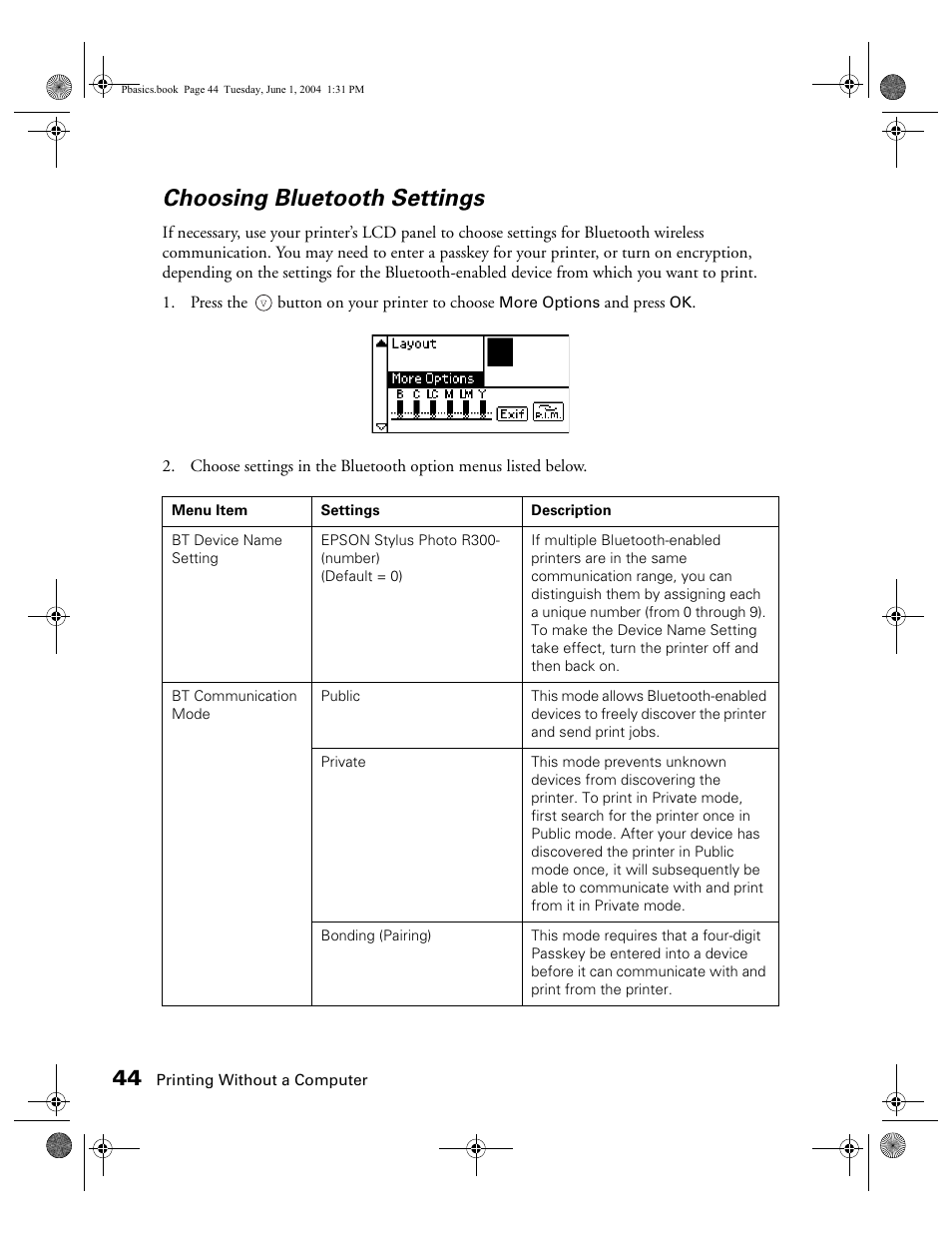 Choosing bluetooth settings | Epson Stylus Photo R300 Series User Manual | Page 44 / 124