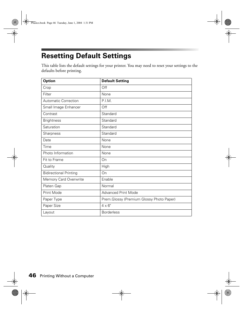Resetting default settings | Epson Stylus Photo R300 Series User Manual | Page 46 / 124