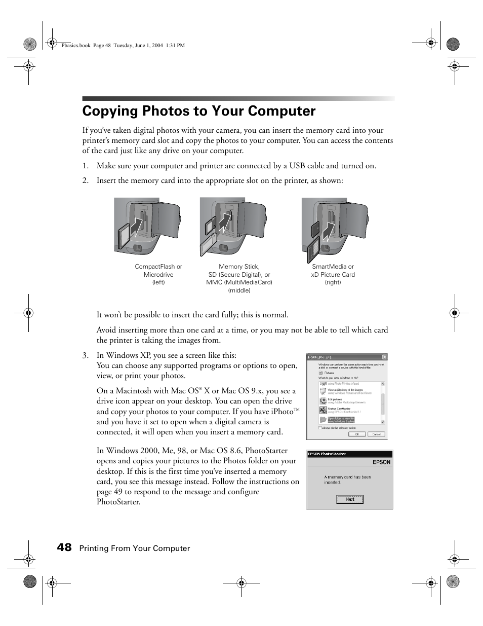 Copying photos to your computer | Epson Stylus Photo R300 Series User Manual | Page 48 / 124