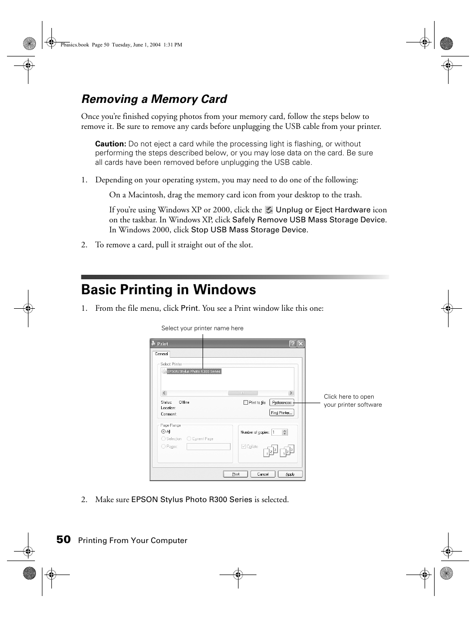 Removing a memory card, Basic printing in windows | Epson Stylus Photo R300 Series User Manual | Page 50 / 124