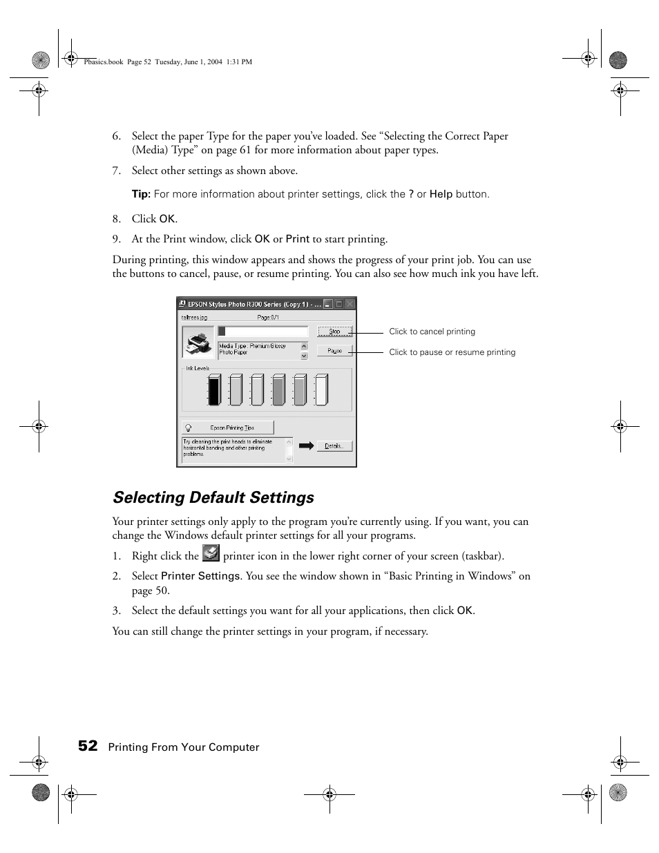 Selecting default settings | Epson Stylus Photo R300 Series User Manual | Page 52 / 124