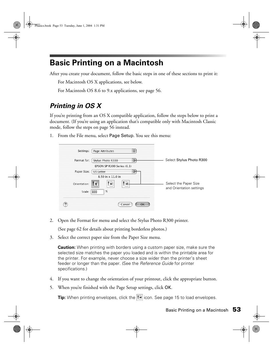 Basic printing on a macintosh, Printing in os x | Epson Stylus Photo R300 Series User Manual | Page 53 / 124