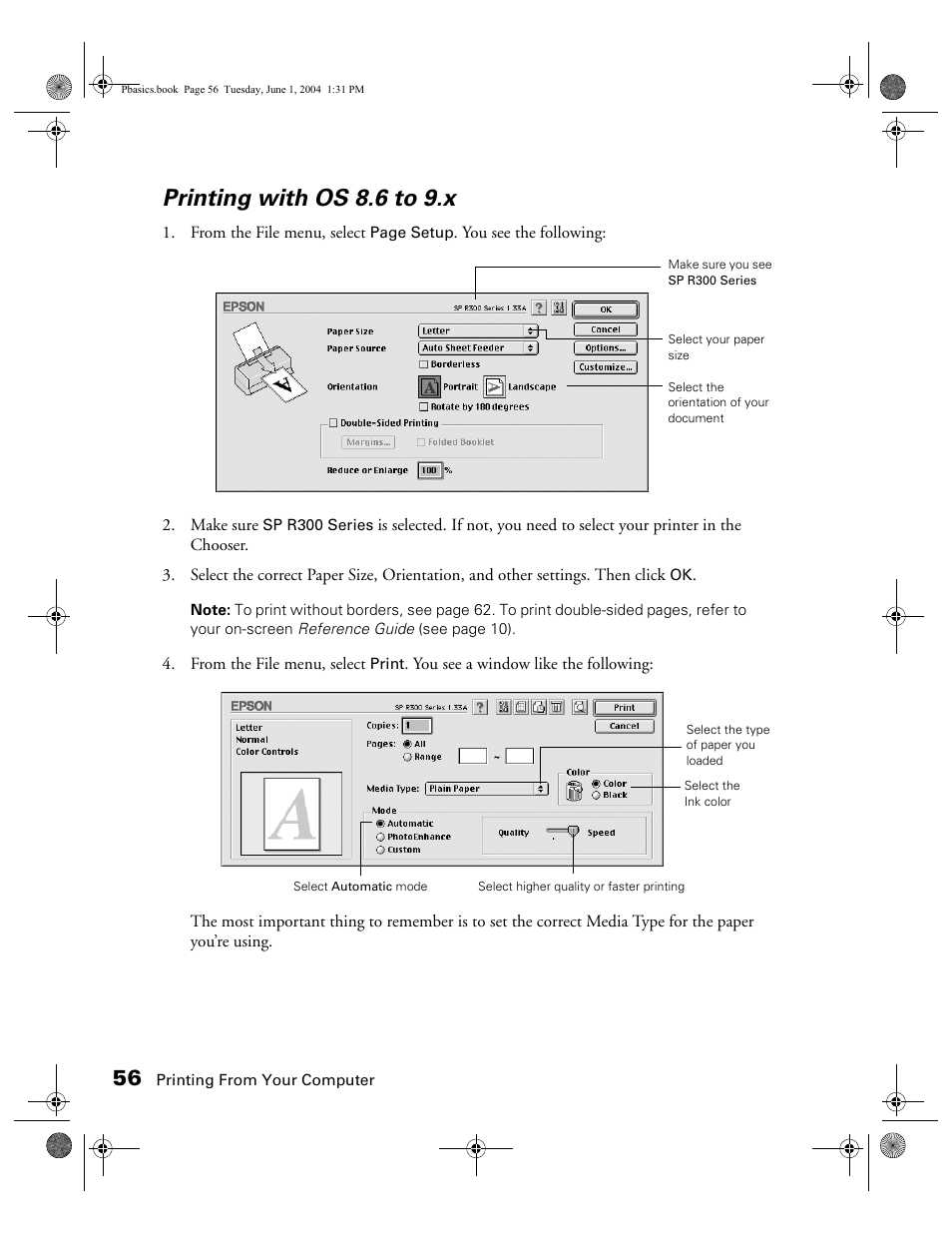 Printing with os 8.6 to 9.x | Epson Stylus Photo R300 Series User Manual | Page 56 / 124