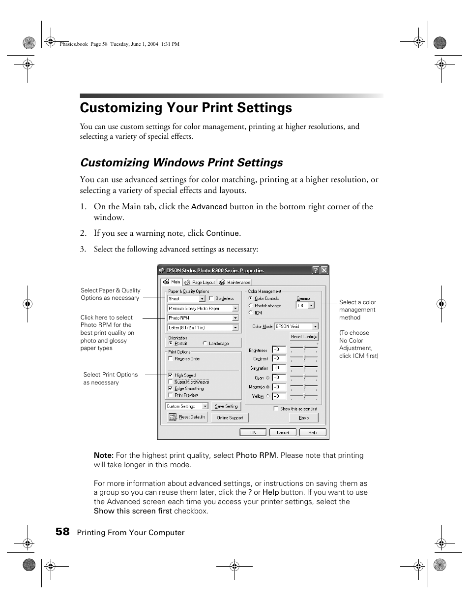 Customizing your print settings, Customizing windows print settings | Epson Stylus Photo R300 Series User Manual | Page 58 / 124