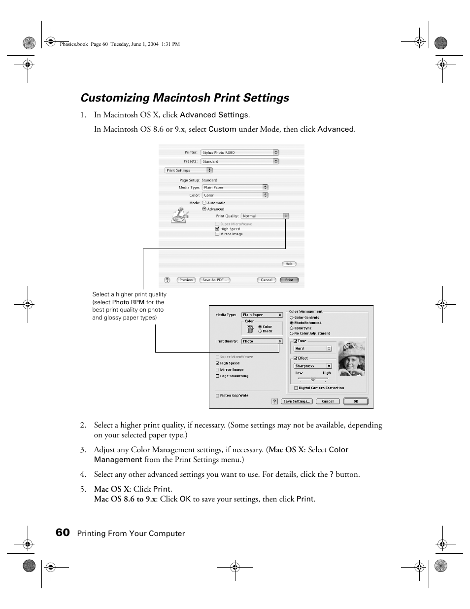 Customizing macintosh print settings | Epson Stylus Photo R300 Series User Manual | Page 60 / 124