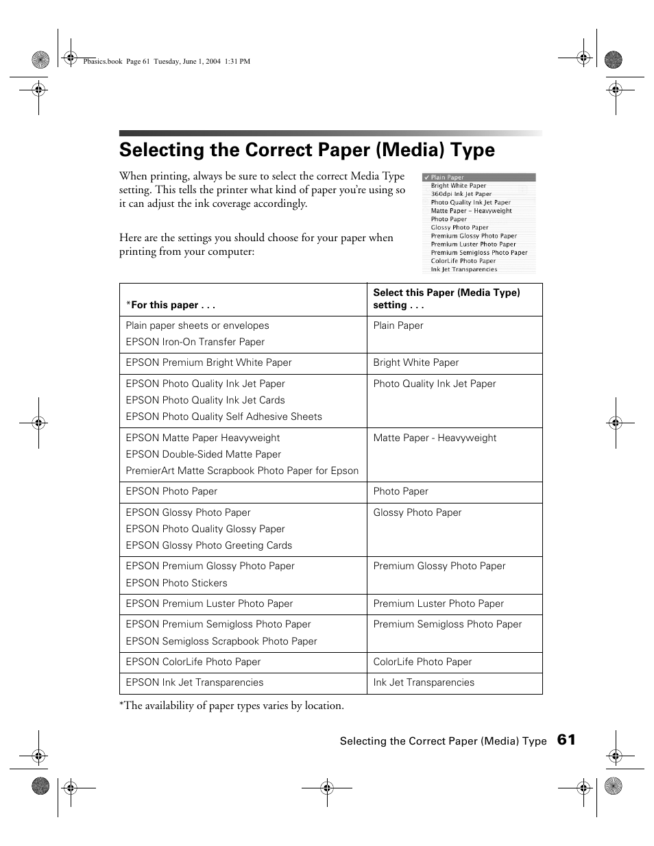 Selecting the correct paper (media) type, Selecting the correct paper | Epson Stylus Photo R300 Series User Manual | Page 61 / 124