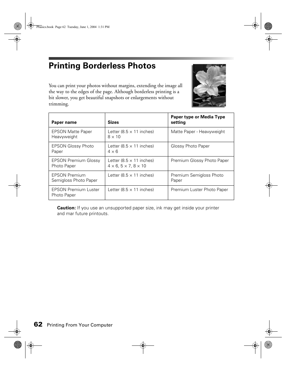 Printing borderless photos | Epson Stylus Photo R300 Series User Manual | Page 62 / 124