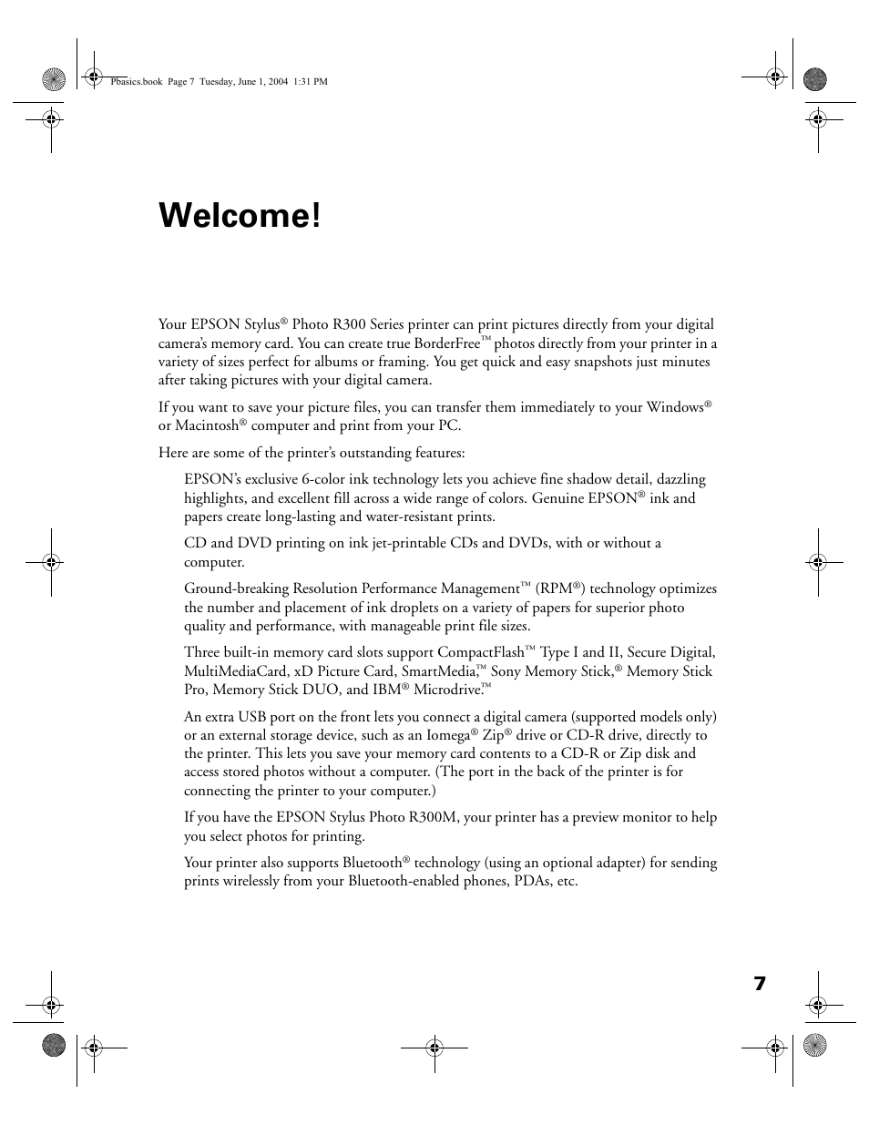 Welcome, Welcome! 7 | Epson Stylus Photo R300 Series User Manual | Page 7 / 124