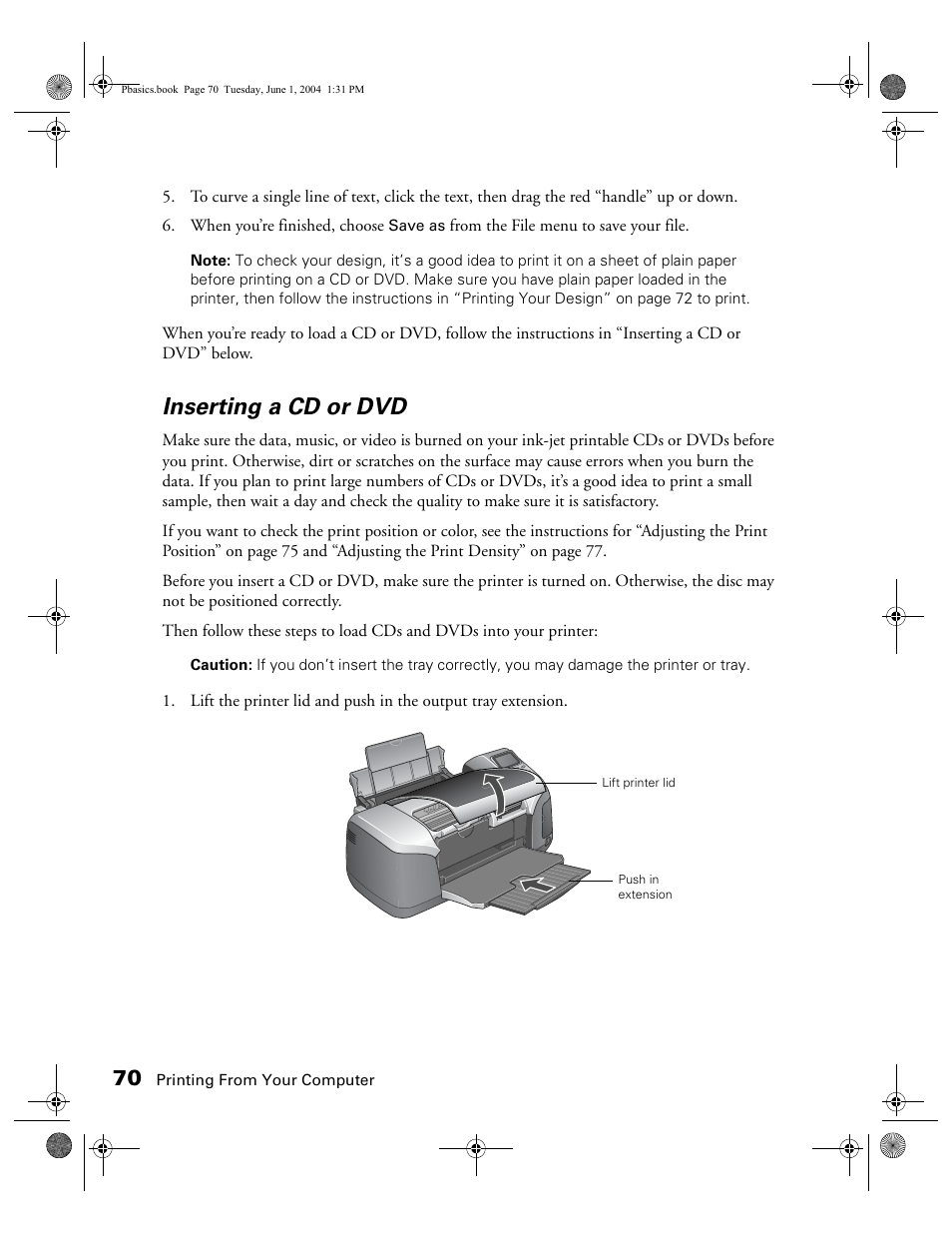 Inserting a cd or dvd | Epson Stylus Photo R300 Series User Manual | Page 70 / 124
