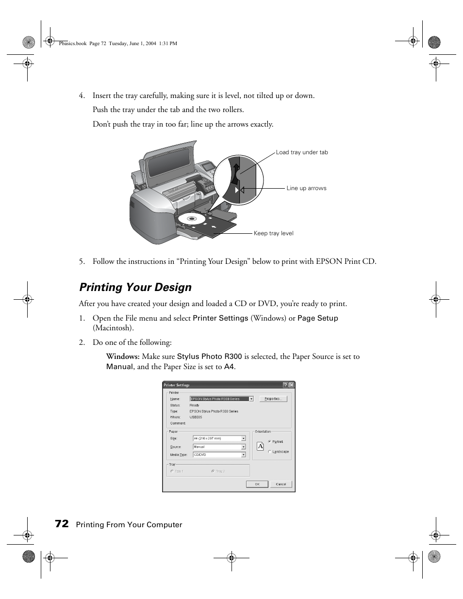 Printing your design | Epson Stylus Photo R300 Series User Manual | Page 72 / 124