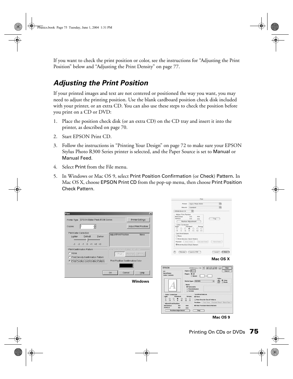 Adjusting the print position | Epson Stylus Photo R300 Series User Manual | Page 75 / 124