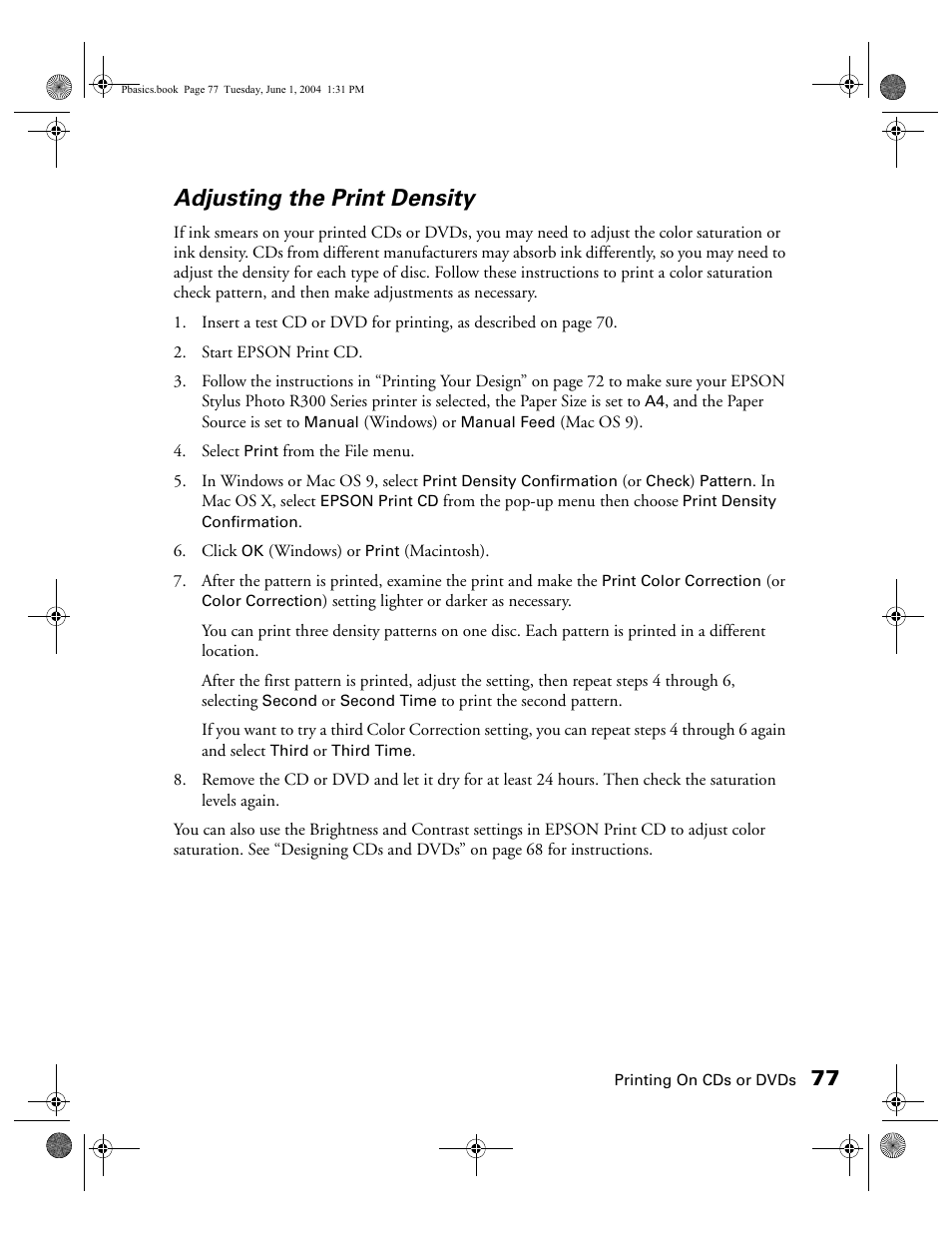 Adjusting the print density | Epson Stylus Photo R300 Series User Manual | Page 77 / 124