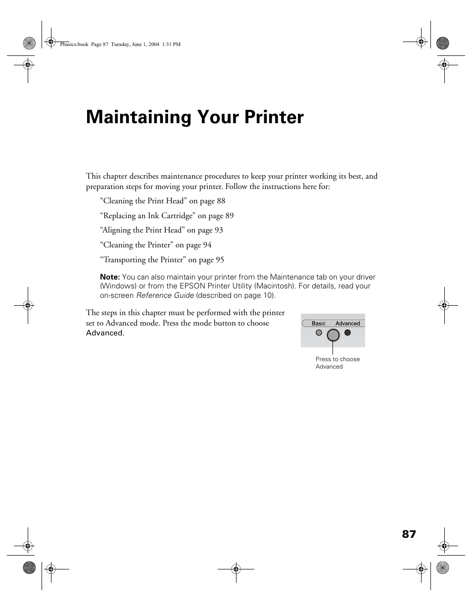 Maintaining your printer | Epson Stylus Photo R300 Series User Manual | Page 87 / 124