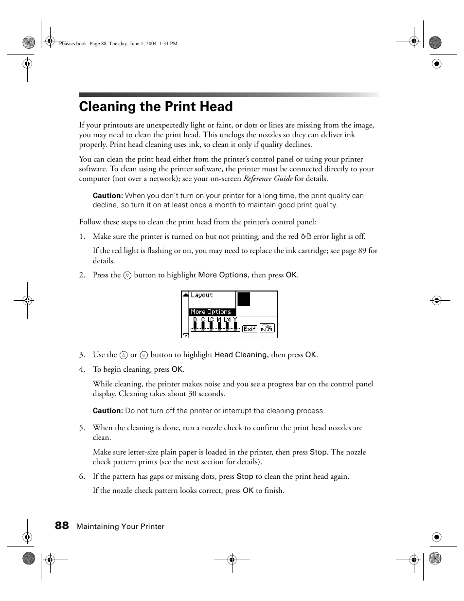 Cleaning the print head | Epson Stylus Photo R300 Series User Manual | Page 88 / 124