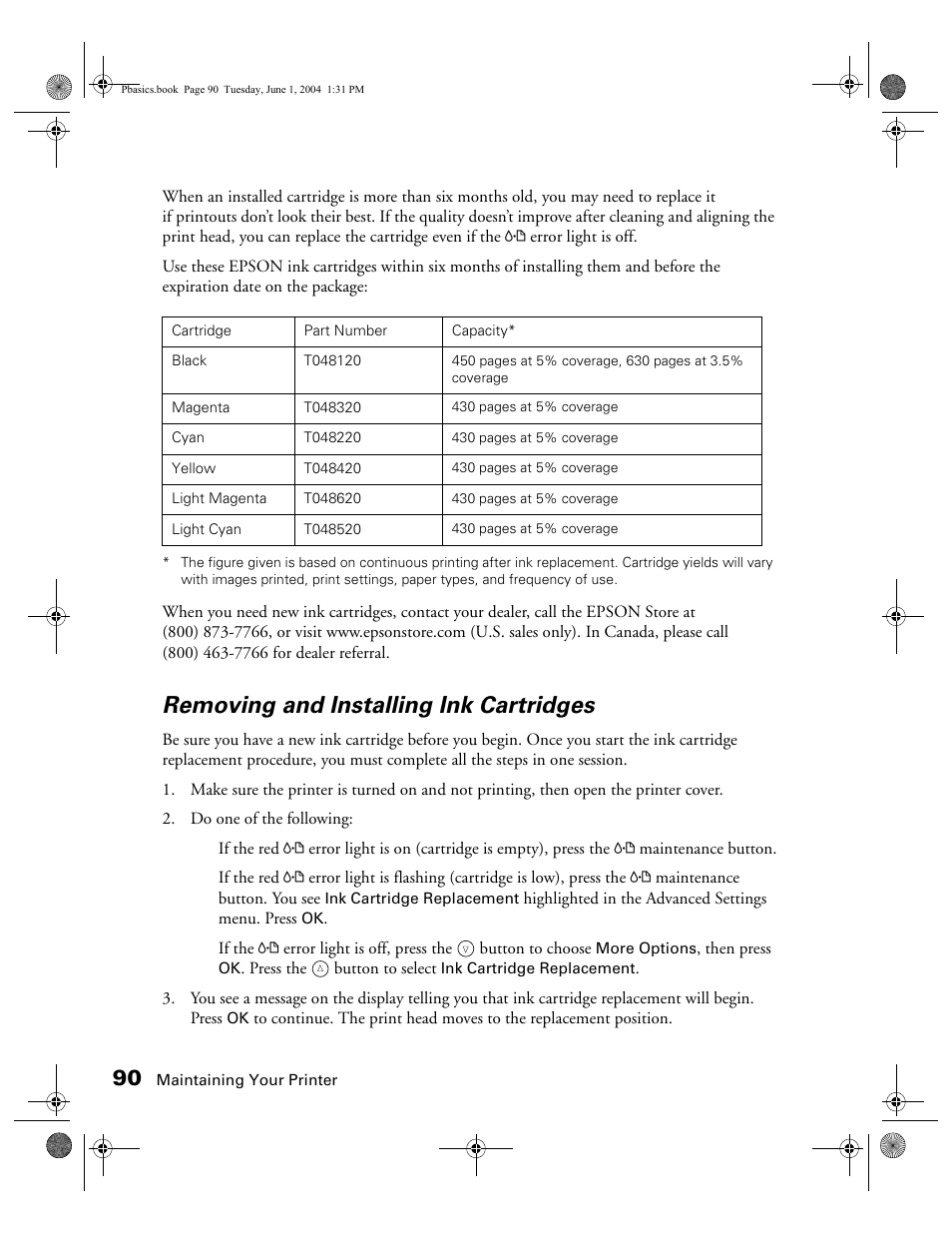 Removing and installing ink cartridges | Epson Stylus Photo R300 Series User Manual | Page 90 / 124