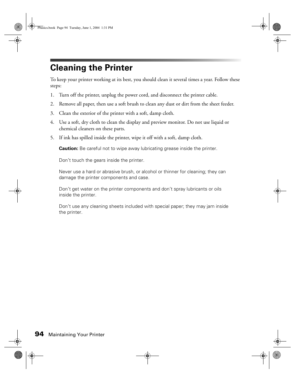 Cleaning the printer | Epson Stylus Photo R300 Series User Manual | Page 94 / 124