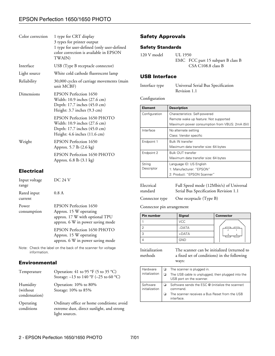 Electrical, Environmental, Safety approvals | Usb interface | Epson 1650 User Manual | Page 2 / 5