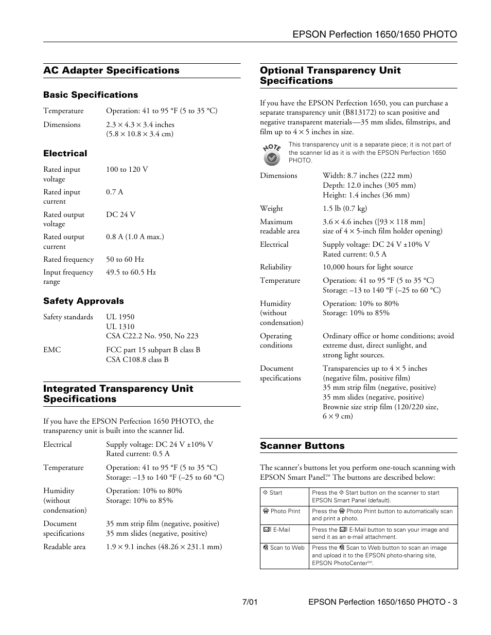 Ac adapter specifications, Basic specifications, Electrical | Safety approvals, Integrated transparency unit specifications, Optional transparency unit specifications, Scanner buttons | Epson 1650 User Manual | Page 3 / 5