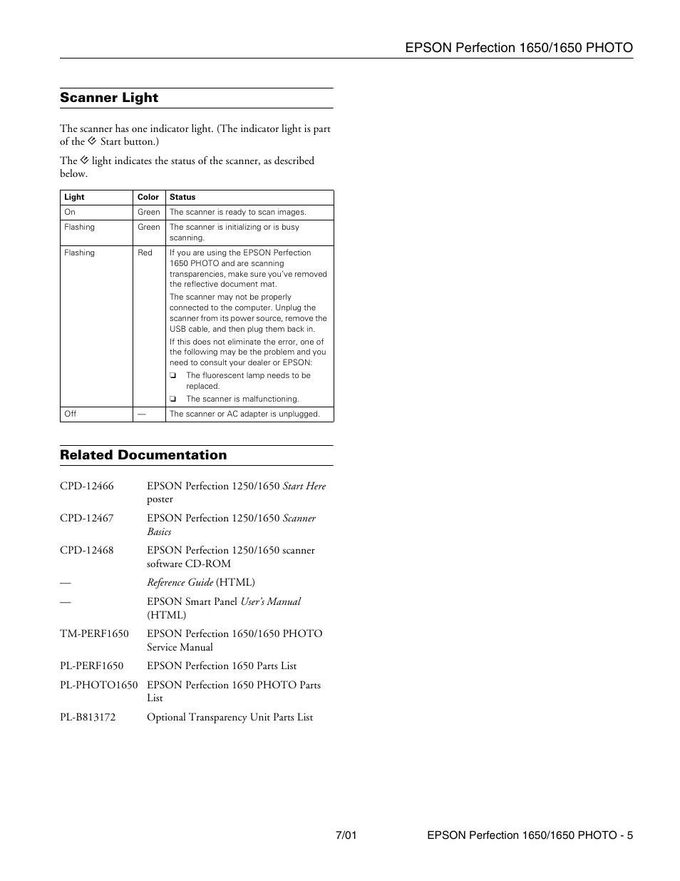 Scanner light, Related documentation | Epson 1650 User Manual | Page 5 / 5