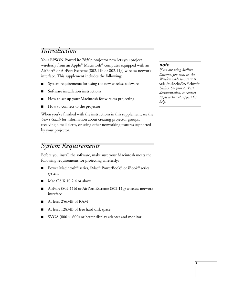 Introduction, System requirements | Epson PowerLite 850p User Manual | Page 3 / 12