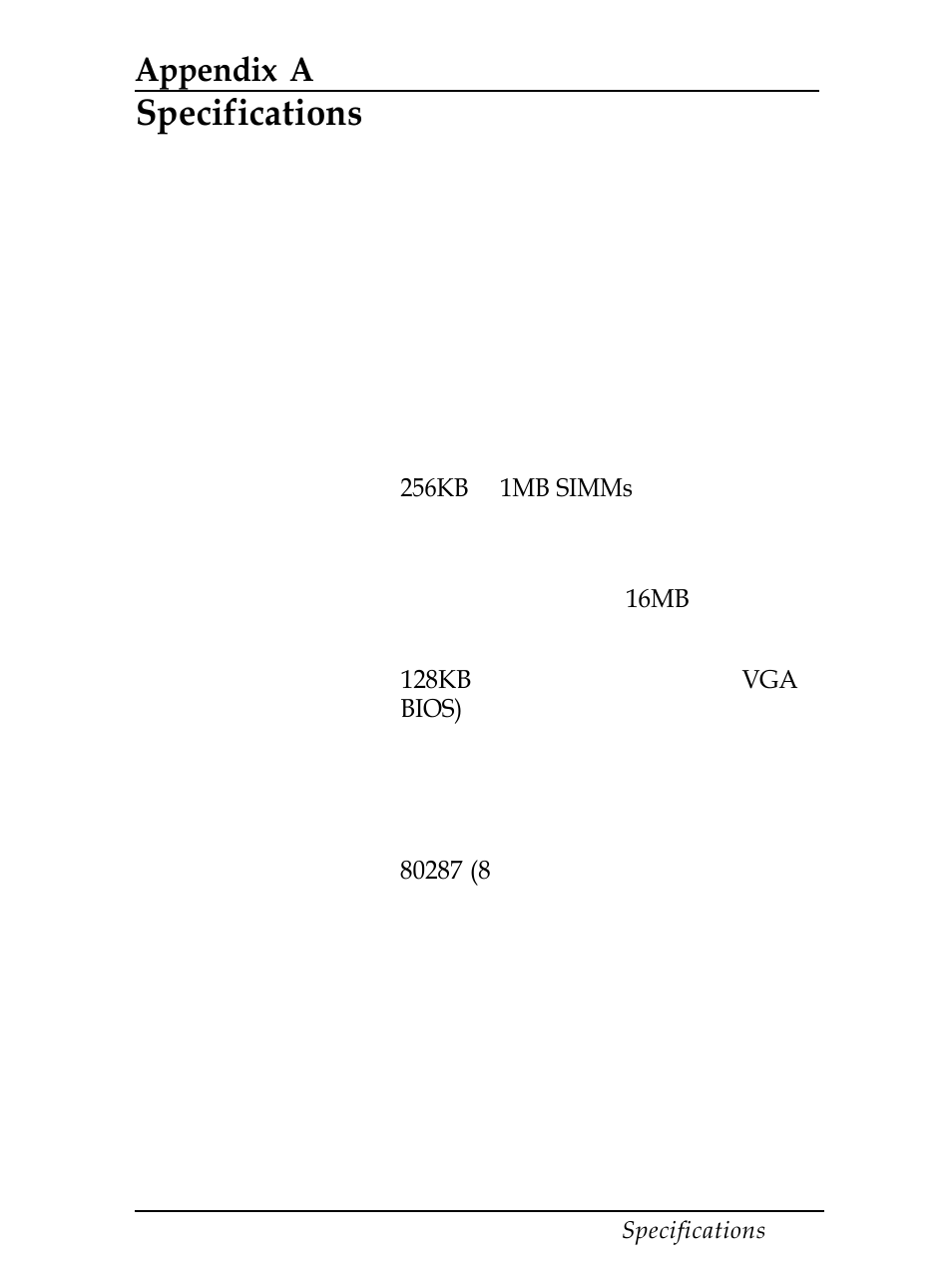 Appendix- a specifications, Cpu and memory, Specifications | Appendix a | Epson Equity 286 PLUS User Manual | Page 136 / 263