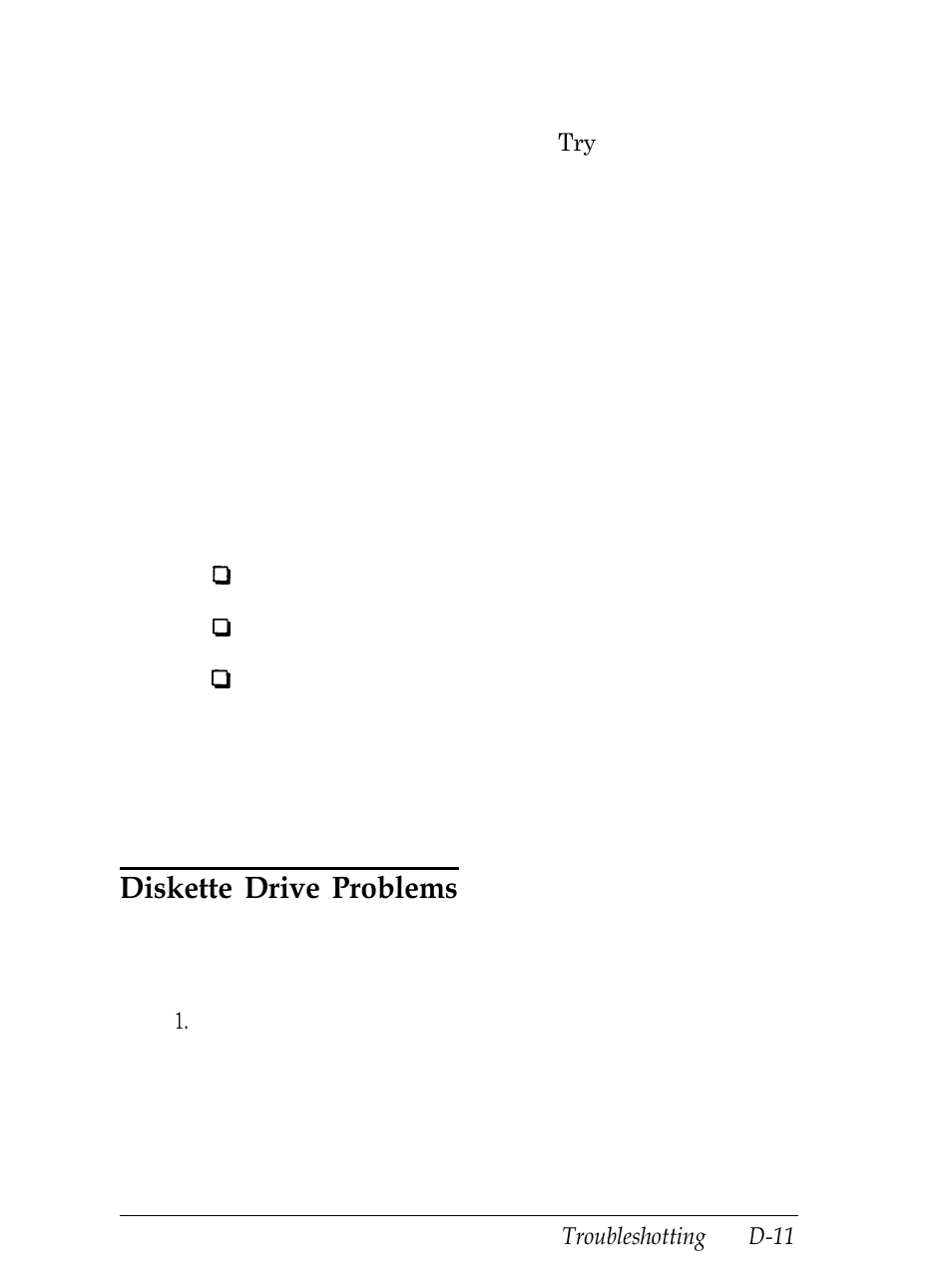 Diskette drive problems, D-11 | Epson Equity 286 PLUS User Manual | Page 230 / 263