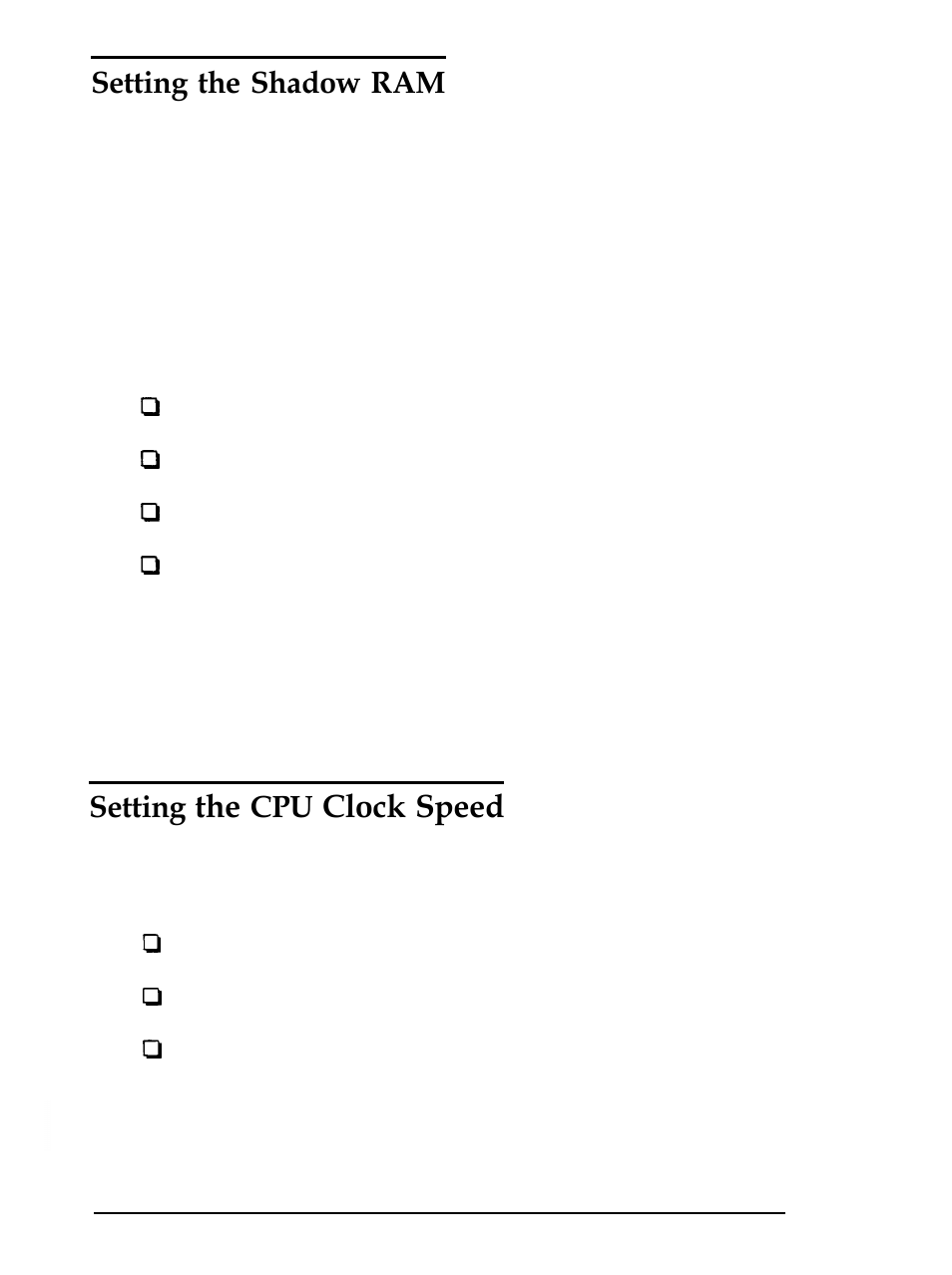 Setting the shadow ram, Setting the cpu clock speed, Clock speed | Setting, System, Video ) | Epson Equity 286 PLUS User Manual | Page 45 / 263