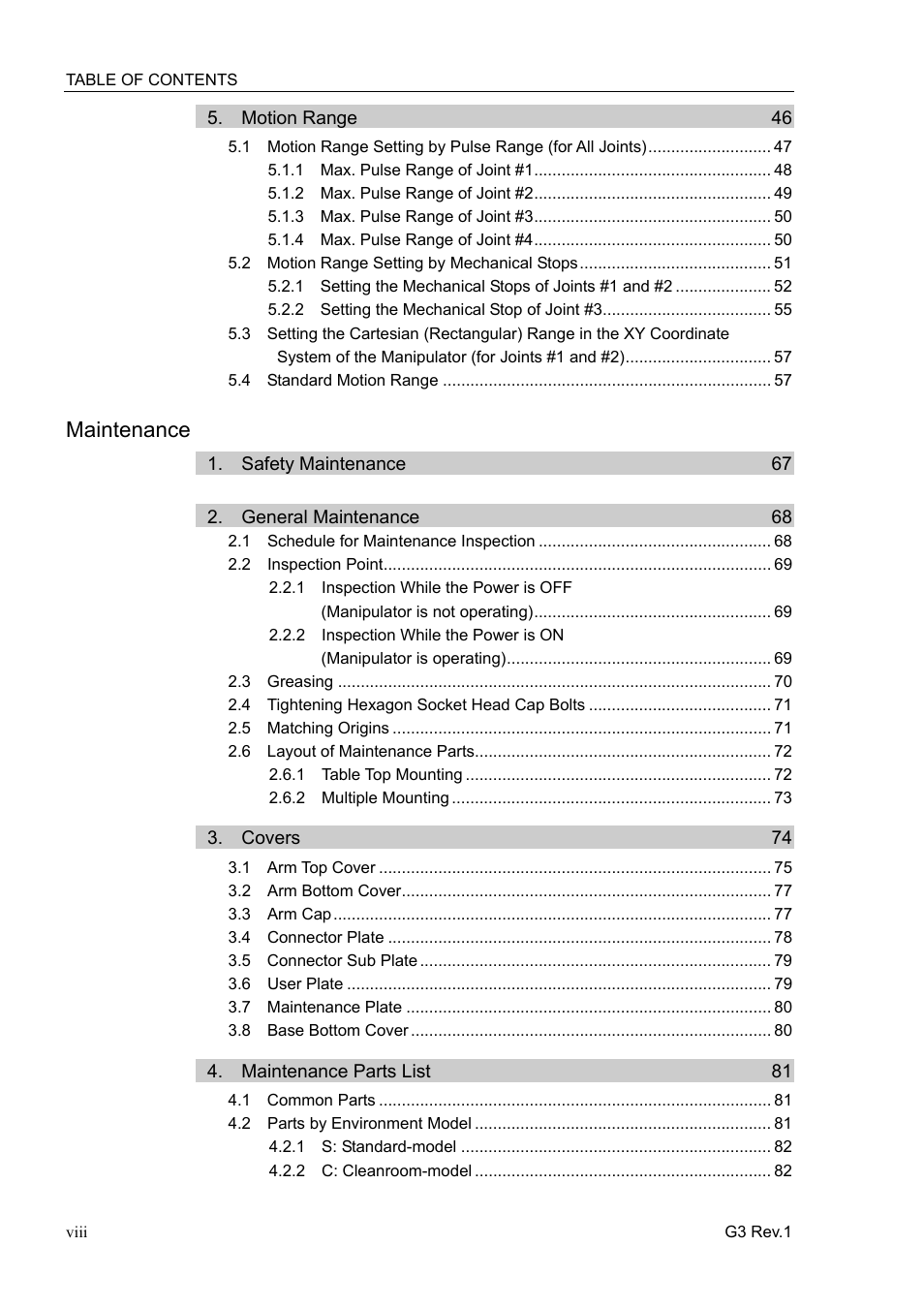 Setting of end effectors, Motion range, Maintenance | Safety maintenance, General maintenance, Covers, Maintenance parts list | Epson G3 Series User Manual | Page 10 / 92