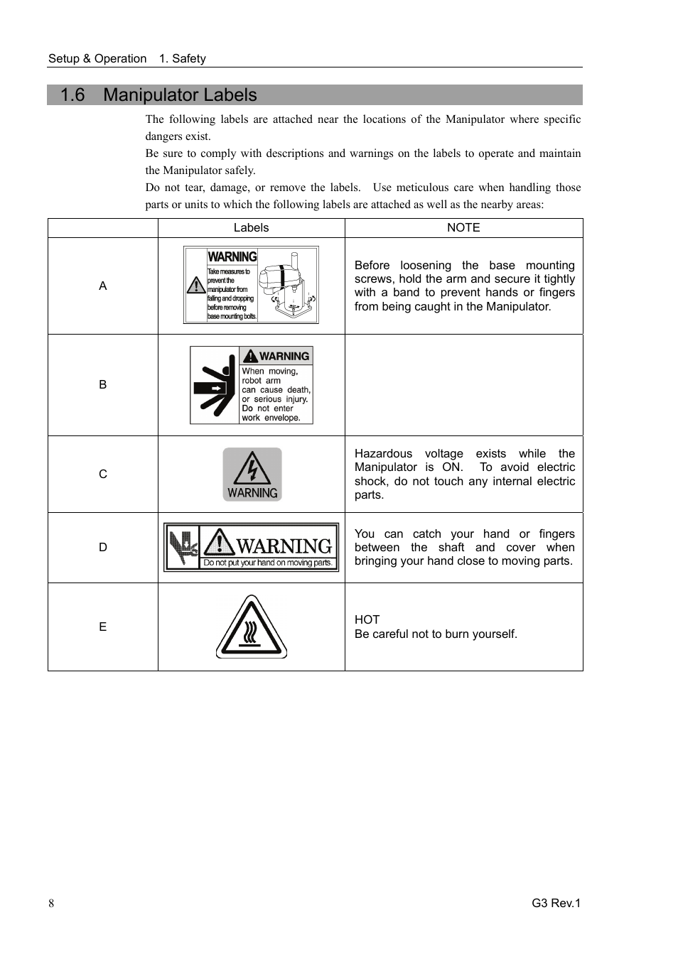 6 manipulator labels | Epson G3 Series User Manual | Page 18 / 92