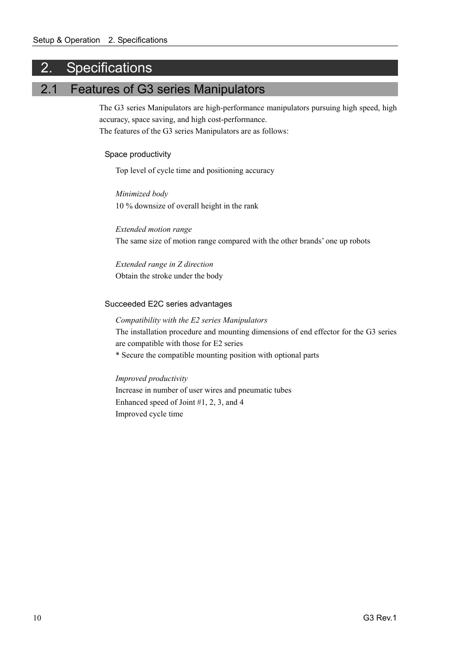 Specifications, 1 features of g3 series manipulators | Epson G3 Series User Manual | Page 20 / 92