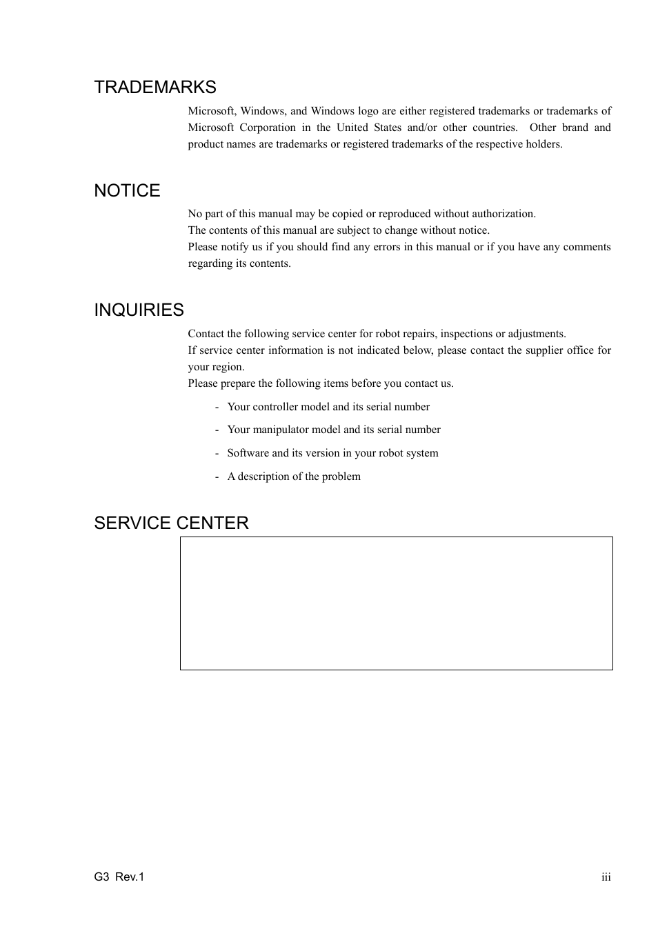 Trademarks, Notice, Inquiries | Service center | Epson G3 Series User Manual | Page 5 / 92