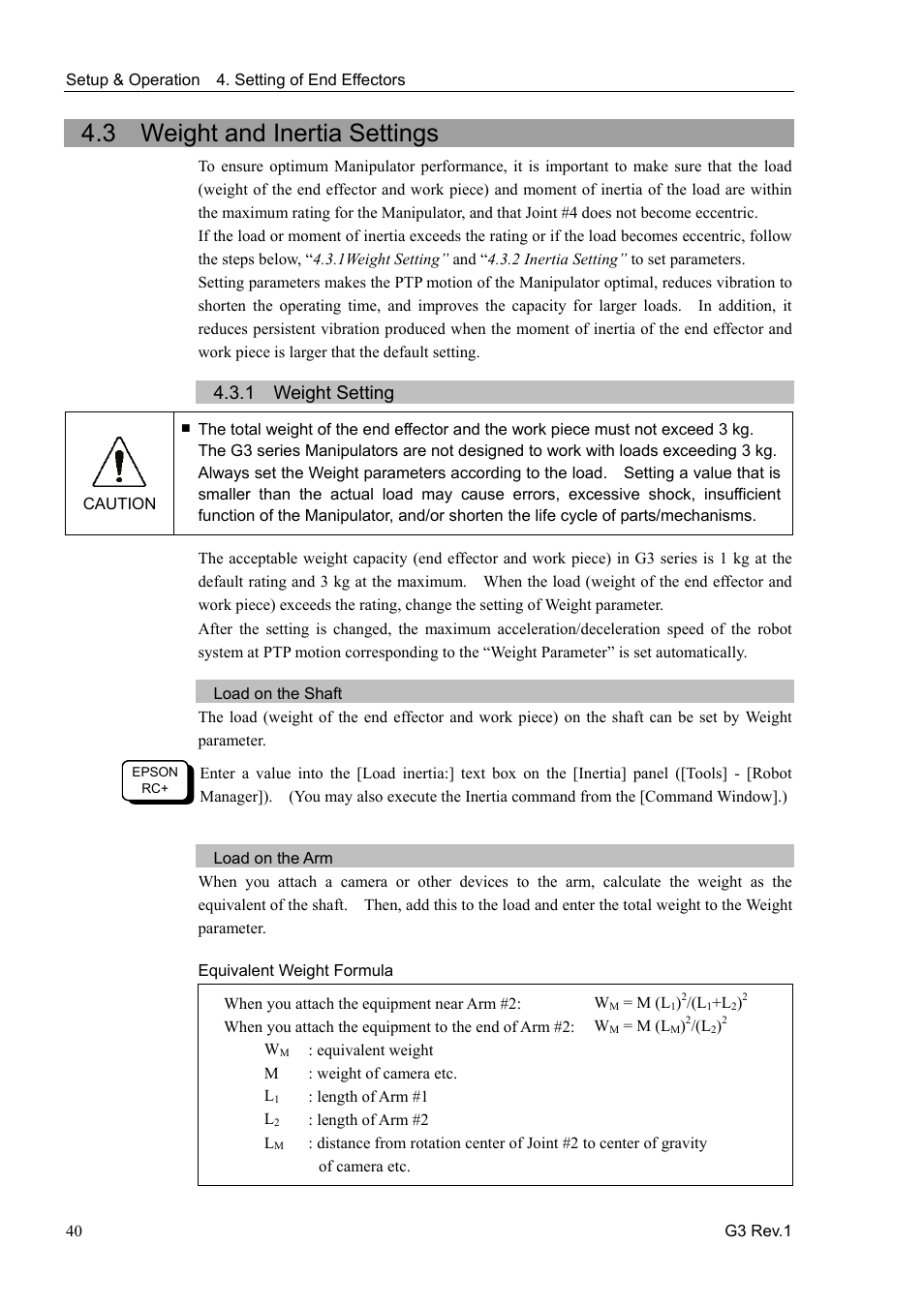 3 weight and inertia settings, 1 weight setting, Load on the shaft | Load on the arm | Epson G3 Series User Manual | Page 50 / 92