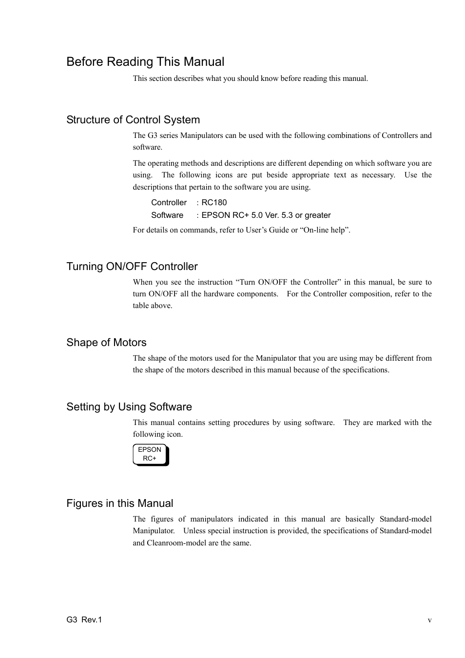 Before reading this manual, Structure of control system, Turning on/off controller | Shape of motors, Setting by using software, Figures in this manual | Epson G3 Series User Manual | Page 7 / 92
