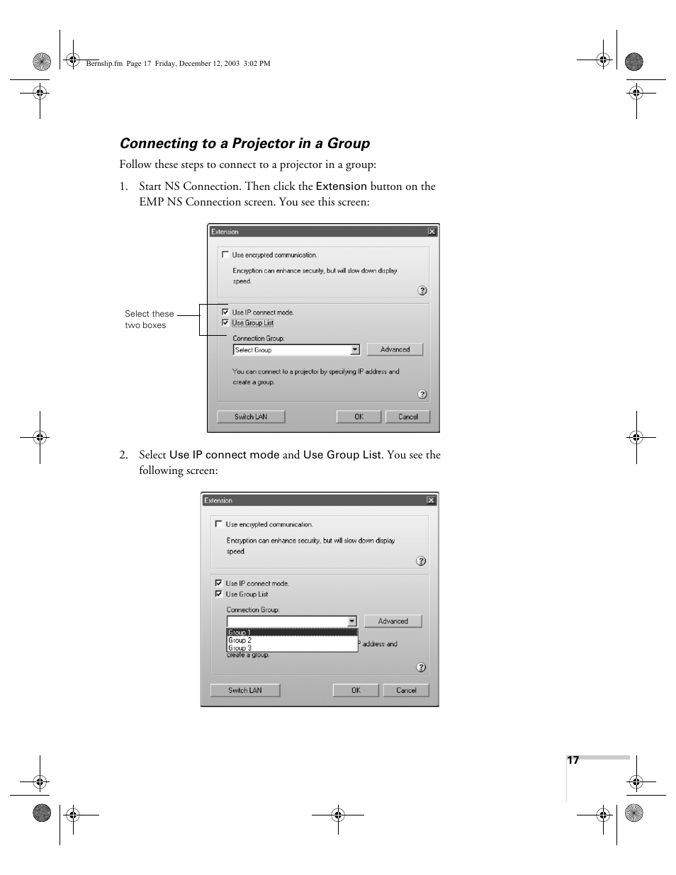 Connecting to a projector in a group | Epson PL 735c User Manual | Page 17 / 28
