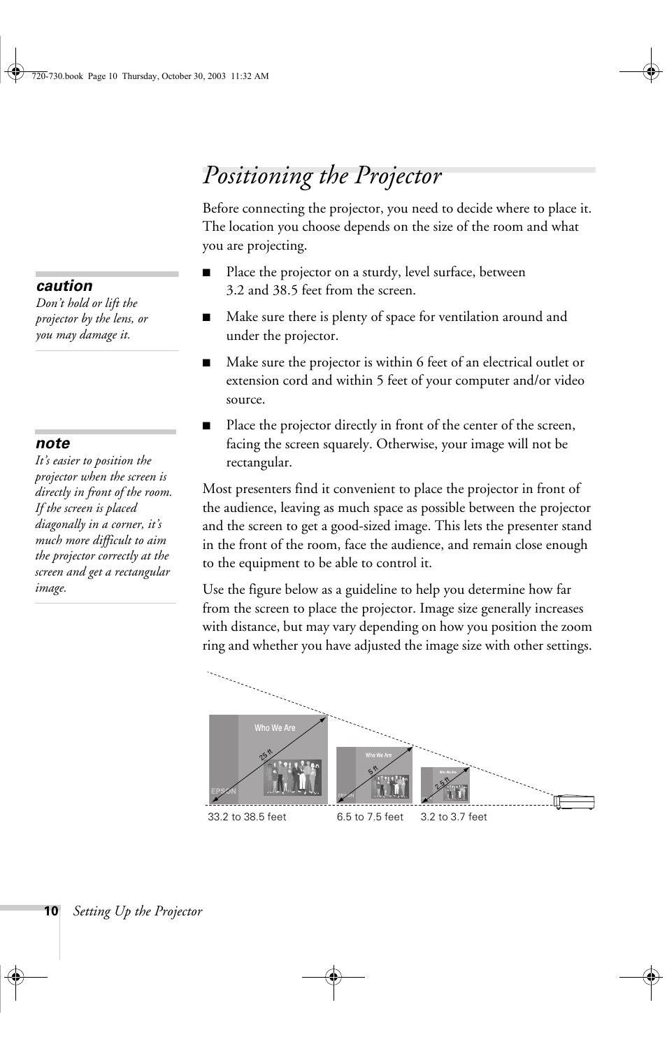 Positioning the projector | Epson 730c User Manual | Page 16 / 106